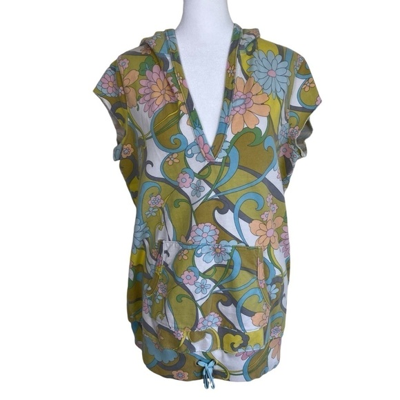 Lucky Brand Y2K Sweatshirt Cap Sleeve Hooded Vest Groovy Flower Power 70s Print - Picture 2 of 16